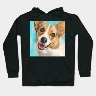 Painting of a Happy Adorable Corgi Dog on Blue Background Hoodie